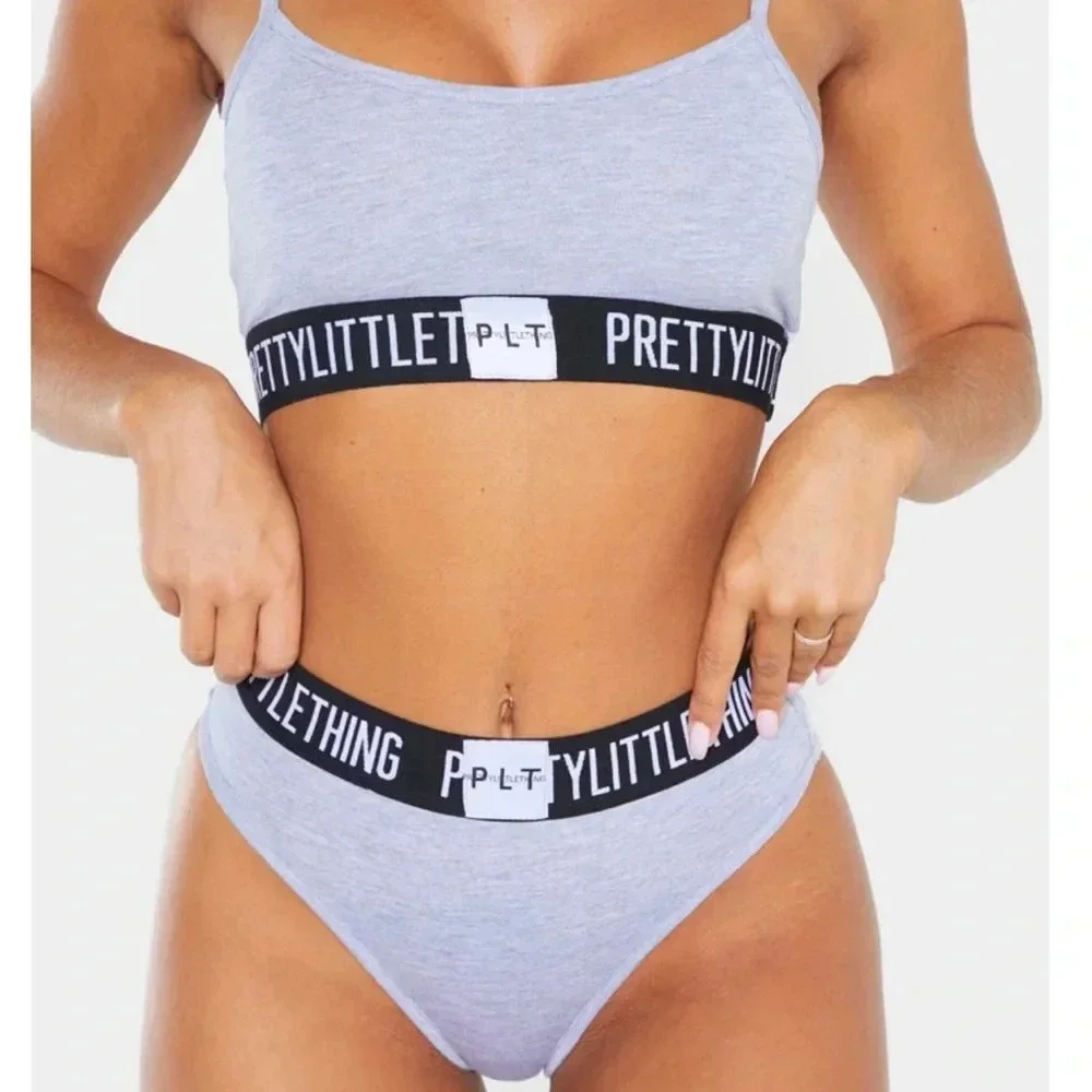 PRETTYLITTLETTHING GREY JERSEY LOGO TAPE LINGERIE SET